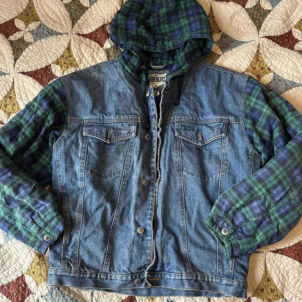 Vintage Fluid Blues denim jacket with green plaid hood & sleeves Size M - Picture 1 of 5